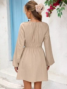 Vivid Eden Women's Vacation Casual Embroidered Lantern Sleeve Dress, Women Vacation Dress, Boho Summer Dress Women, Beige Dresses Women, Tan Dress Women, - Apricot - View 5