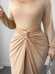 Elenzga Plus Size Women's Crew Neck Long Sleeve Knit Elastic Solid Color Maxi Dress, Versatile Dress With Multiple Wearing Ways, Fashionable, Elegant, Minimalist, Retro Romantic For Commute, Suitable For Daily Wear, Party, And Formal Events, Fitted And Sexy - Khaki - View 5