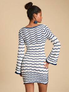 Travachic Women's Contrast Stripe Hollow-Out Knit Dress,Autumn Winter Women,  New Year Look, Thanksgiving Outfits, Elegant Dresses Party - Blue and White - View 2