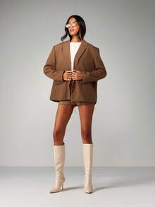 MISSGUIDED Classic Boxy Blazer Double Button Closure Lapel Collar Professional Office Wear Structured Shoulders Hip Length Modern Statement Piece Tailored - Brown - View 5