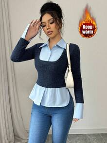 Selianne French Stylish 2 In 1 Collared T-Shirt With Contrast Panel, New Design Niche For Spring & Autumn Graphic Tees Women Tops Fall Cloth For Women - Multicolor - View 4