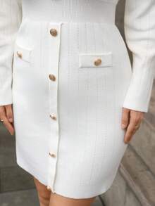 Juhart Elegant And Timeless, White Knit Skirt With Golden Buttons, A Must-Have For Autumn/Winter Outfits - White - View 4