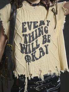 Bloopia 复古叛逆摇滚街头标语涂鸦印花休闲个性化极简主义女款秋冬万圣节设计纹理做旧无袖套头毛衣背心 - 杏色 - 查看 6