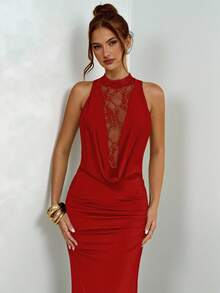 SHEIN BAE 黑色蕾丝低胸紧身连衣裙，黑色蕾丝连衣裙 - 紅色 - 查看 3