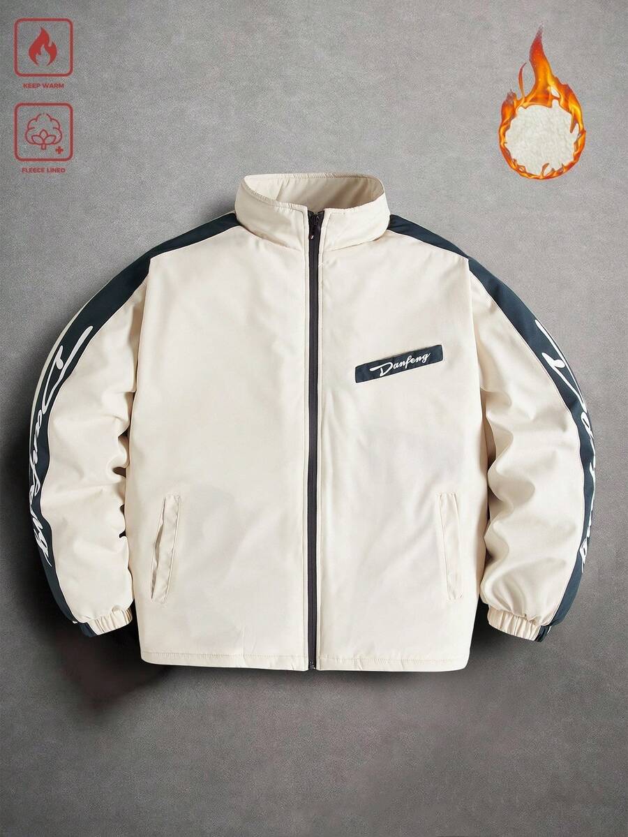 Manfinity Homme Men's Casual Contrast Color Zipper Padded Coat,Warm Winter Black And White Checkered Streetwear Jacket For Autumn,Hiking Windbreaker Anime Jacket - Beige - View 1