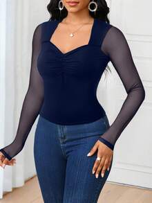 SHEIN Lady 2025 New Women's Fashion Sweetheart Collar Slim Fit Mesh Patchwork Navy Blue T-Shirt - Navy Blue - View 3