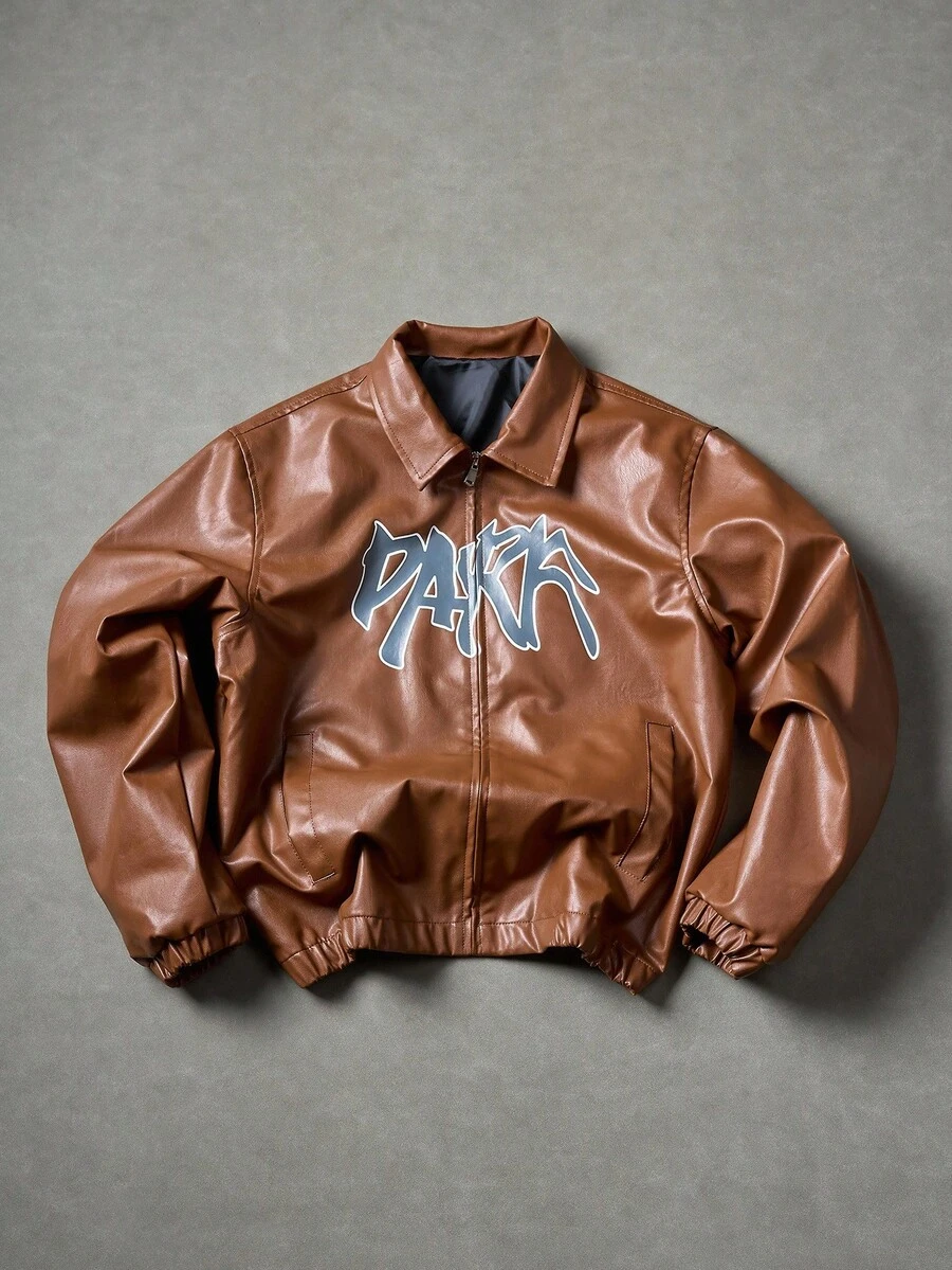 PAVTROS 男士休闲街头风字母印花PU皮长袖夹克，复古摇滚风，秋冬款 - 棕色 - 查看 1