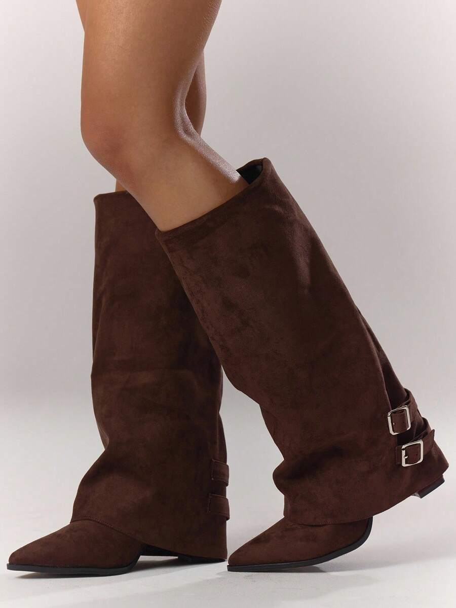 MUSERA Brown Suede Fold Over Buckle Detail Heeled Cowboy Boot For - Coffee Brown - View 1