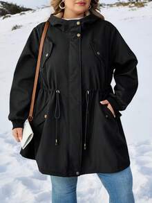 SHEIN CURVE+ 秋冬大码女式抽绳腰休闲宽松连帽大衣，长袖冬季大衣，适合新年、感恩节 - 黑色 - 查看 5