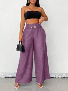 SHEIN Clasi 休闲女款蓝色金属链宽松阔腿裤，宽松版型裤子，秋季 - 紫色 - 查看 3