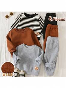 Loomiva 6件套男婴柔软针织提花圆领长袖运动衫和松紧腰裤套装 - 彩色 - 查看 1