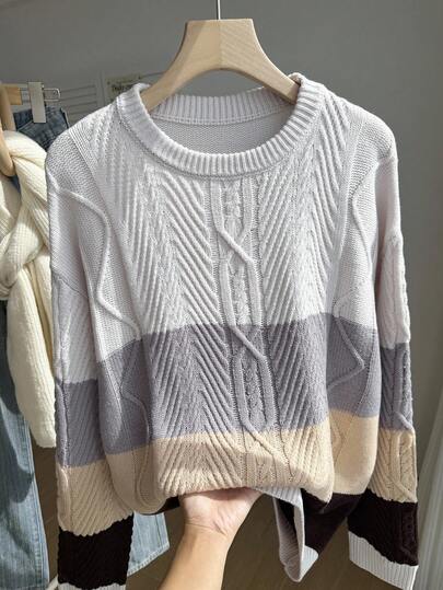 Teenage Knitted Sweater, New Autumn/Winter Colorblock Twist Flower Round Neck Pullover For Young Men, Japanese Style Loose Casual Knit Top, Warm And Comfortable