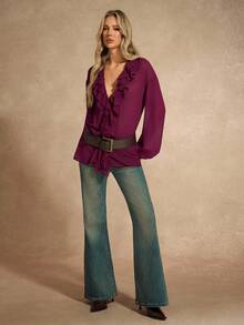 Chiquease Women's Ruched Peplum Collar Lantern Sleeve Belted Shirt - Burgundy - View 5