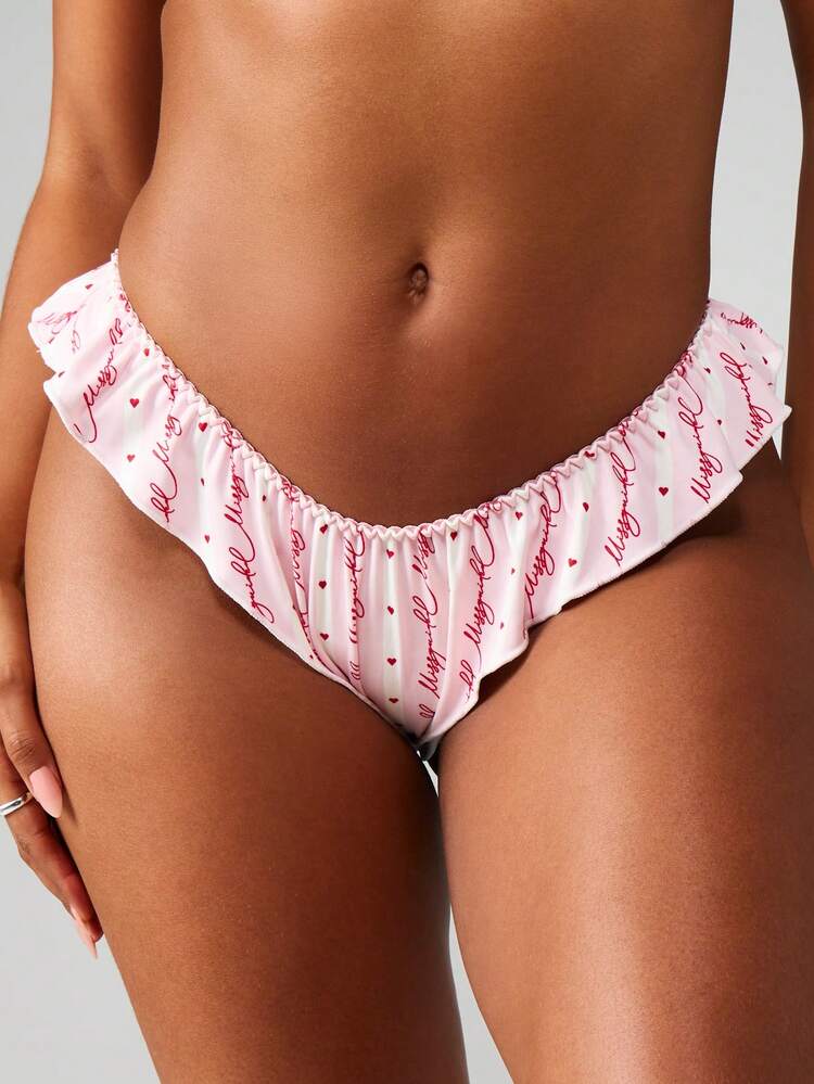 MISSGUIDED Valentine's Day Women's Satin Brief Heart Print Ruffle Trim Underwear Love Letter Pattern Lingerie High Cut Cheeky Style Elastic Waistband Panties