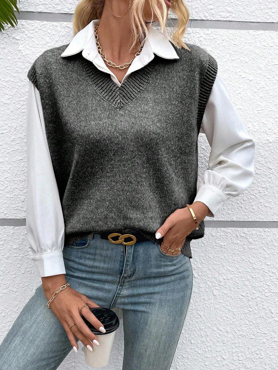 EMERY ROSE 女士休闲V领针织毛衣背心，秋冬 - 深灰色 - 查看 1