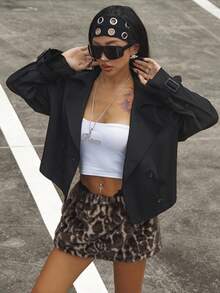 Coolane Women's Fall/Winter Streetwear Casual Athleisure Basic Daily Wear Comfortable Corset Loose Black Trench Coat Jacket Cropped Blazer - Black - View 3