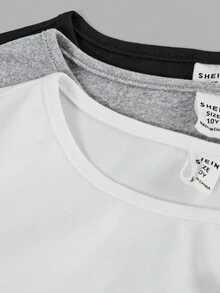 SHEIN Girlism 3件套少女休闲校服字母印花褶皱侧边圆领长袖短款针织T恤上衣，返校季必备 - 淺灰色 - 查看 3