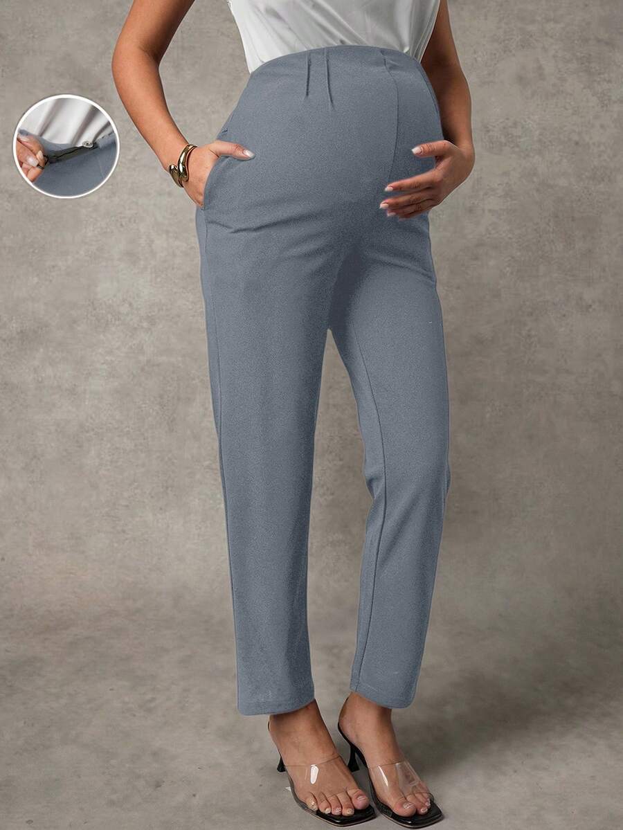 MaterniChic Maternity Casual Solid Color Adjustable Waist Pants With Slant Pockets - Grey - View 1