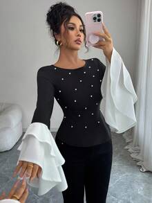 Elenzga Áo kiểu dáng cổ tròn tay loe xếp nếp nhiều lớp đính hạt ngọc trai thanh lịch kiểu Pháp sang trọng dành cho nữ, áo kiểu dáng cổ điển tay dài phối màu cổ điển - màu đen - Xem 1