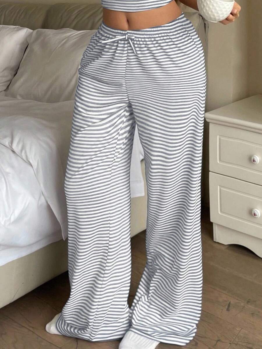 Tween Girl/Tween Girls Casual Versatile Navy Blue & White Striped Bow Decor Tube Top & Wide Leg Pants Set - Grey - View 1