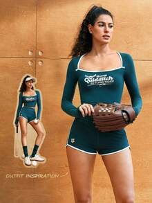 GLOWMODE X HARRY POTTER FeatherFit™ Long-Sleeve Quidditch-Embroidered T-Shirt Low Impact Yoga Daily Casual - Dark Green - View 7