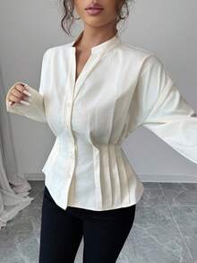 SHEIN Clasi Women's Elegant Small V-Neck Striped Flared Waist Blouse In Soft Yellow, Suitable For Autumn/Winter, New Year, Thanksgiving, Christmas - Light Yellow - View 4