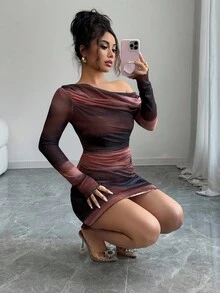 Firerie Women's Elegant Minimalist Daily Commute Tie-Dye Print Mesh Long Sleeve Bodycon A-Line Mini Dress, Autumn/Winter New Year Clothes - Multicolor - View 7
