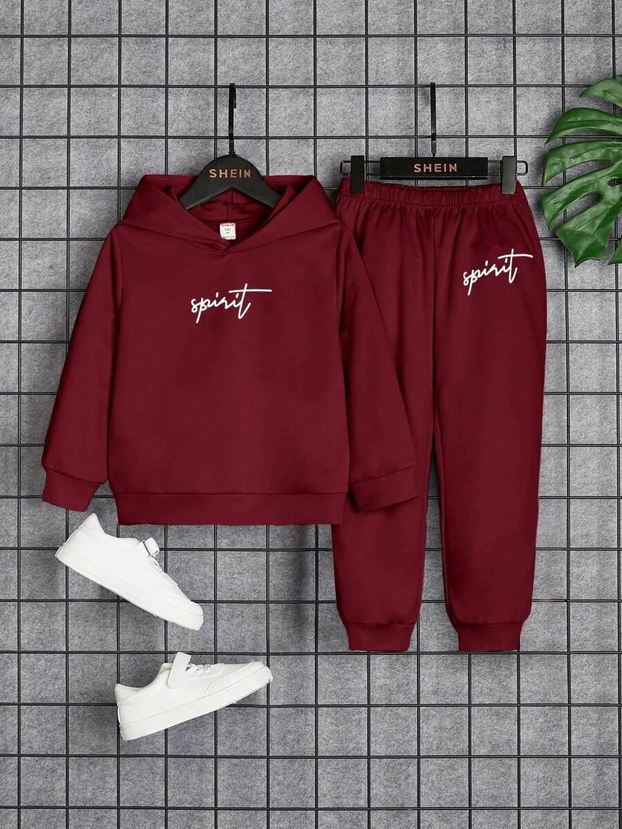 SHEIN Young Boy 勃艮第酒红色休闲舒适连帽长袖运动衫和宽松印花运动裤套装，秋冬 - 酒紅色 - 查看 1