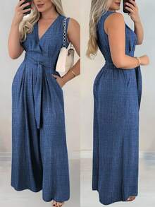 Silhoulove 女士优雅度假交叉前系带口袋宽腿休闲连体裤 - 藍色 - 查看 1