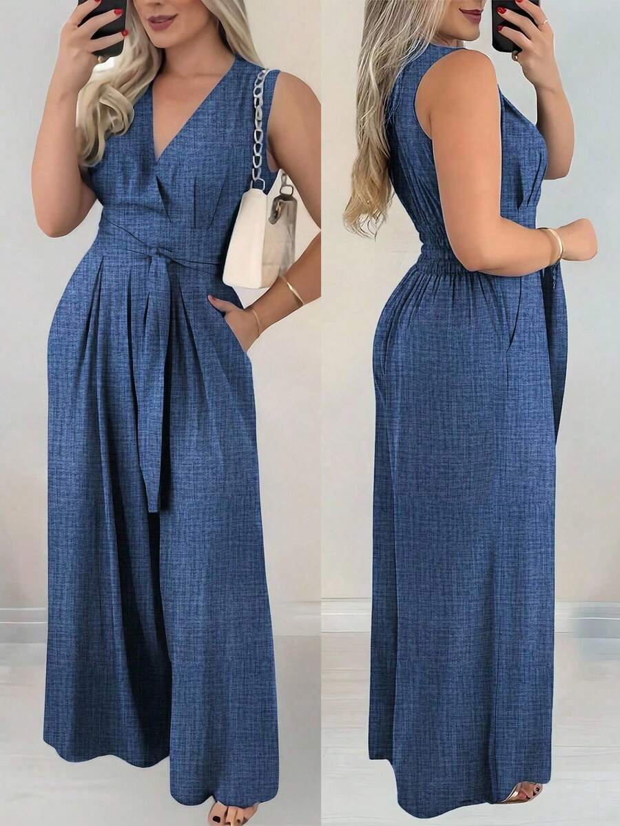 Silhoulove 女士优雅度假交叉前系带口袋宽腿休闲连体裤 - 藍色 - 查看 1