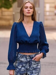 lacRébo Áo kiểu nữ màu xanh hải quân cổ điển, chất liệu jacquard, có họa tiết nhún eo, thích hợp cho mùa thu, xuân hè, công sở và thường ngày. - Màu xanh lam - Xem 3