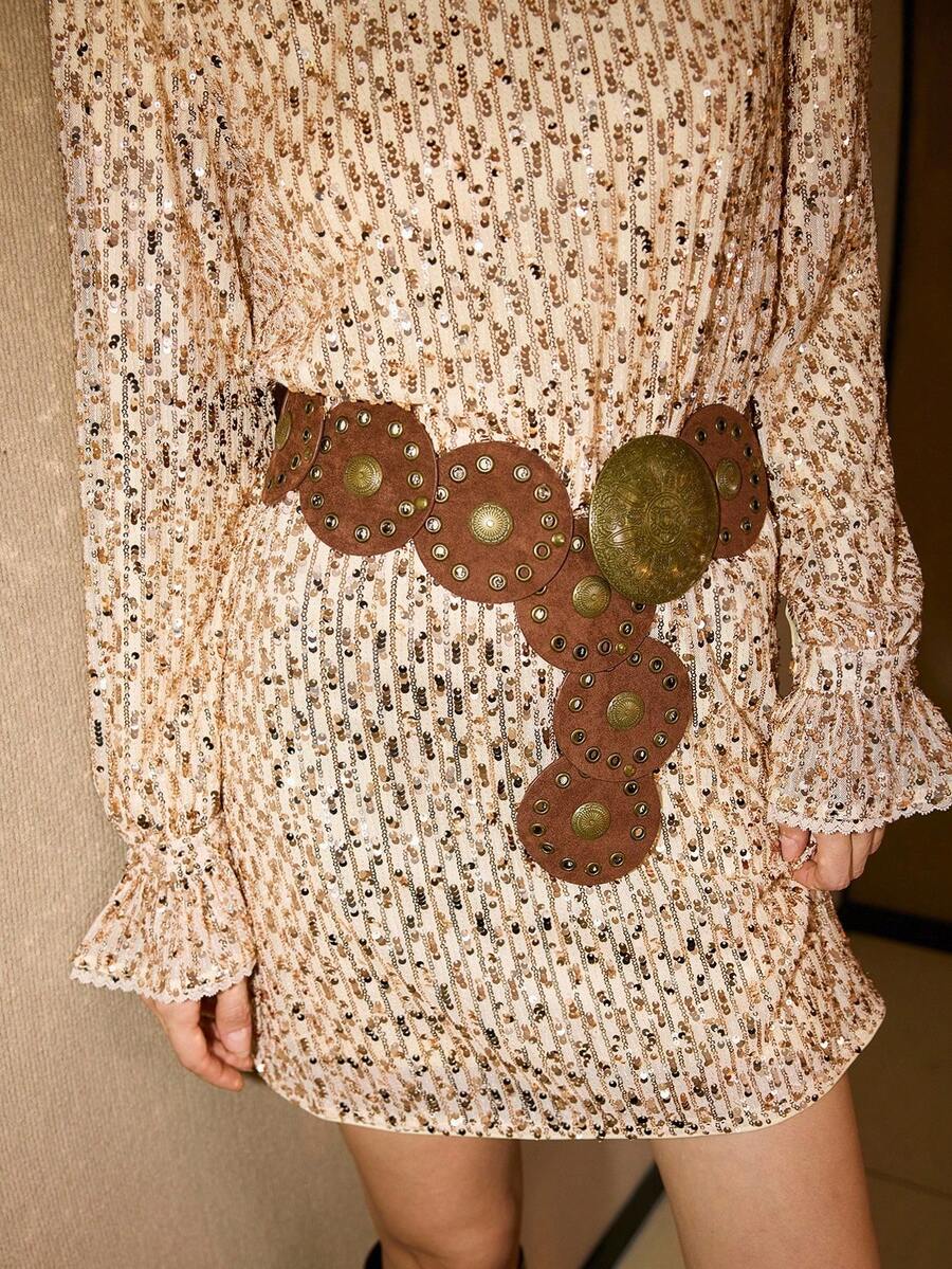 MOTF PREMIUM 亮片喇叭袖短款连衣裙（配腰带） - 金色 - 查看 2