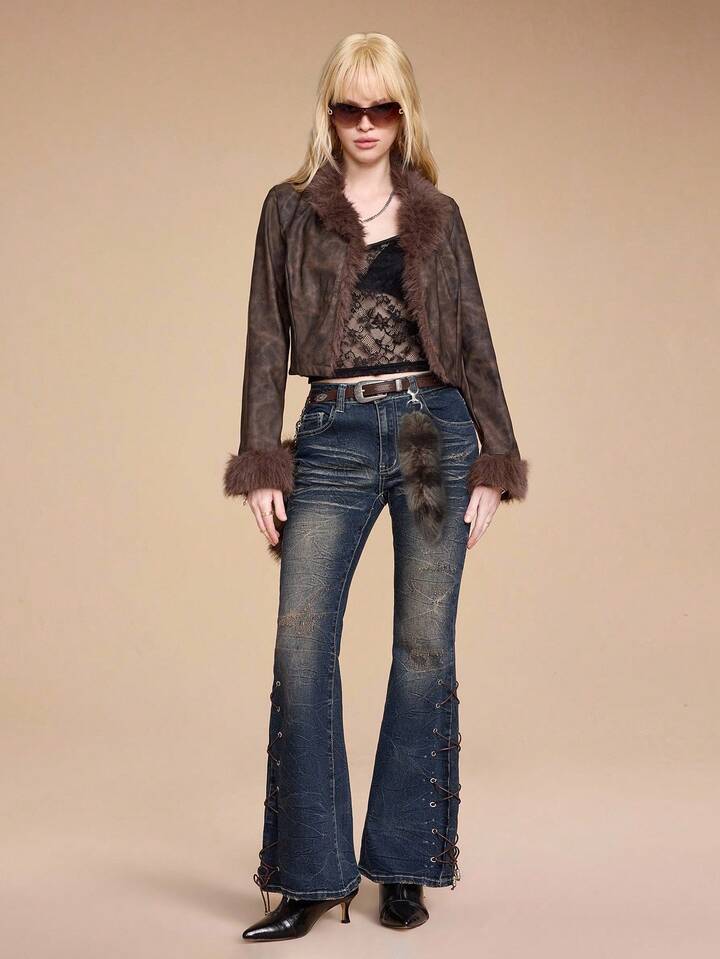 Our Grunge Punk Vintage Distressed Denim Flare Jeans With Tie