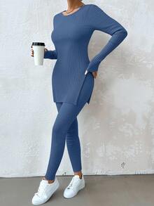EURMUSE 2pcs Women Casual Commuting Solid Color Ribbed Slit Hem Fitted Long Sleeve T-Shirt And Pants Set, Spring/Autumn - Dusty Blue - View 4