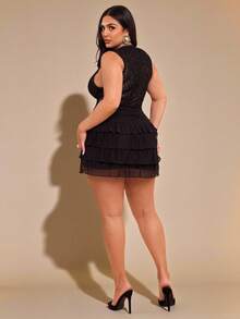 SHEIN BAE Plus Size Women's Black Ruffle Hem A-Line Skirt,Autumn 70's Party Rave Style,Casual Plain Color Curve Homecoming Wedding Guest Formal Skirt - Black - View 3