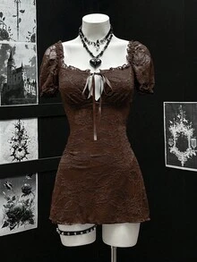 EgrlEra Women's Sexy Lace Fabric Waist-Cinched A-Line Mini Dress