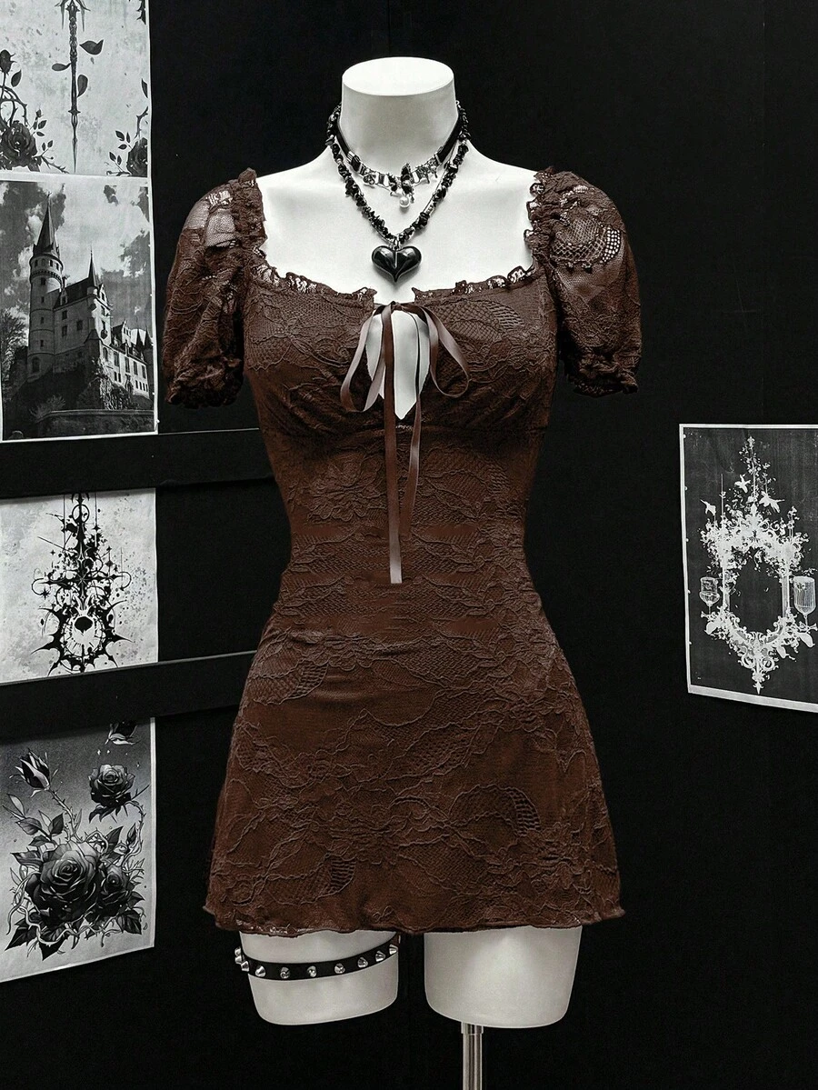 EgrlEra Women's Sexy Lace Fabric Waist-Cinched A-Line Mini Dress