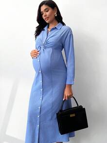 MaterniWear 孕妇休闲前扣扭结连衣裙，秋季 - 藍色 - 查看 9