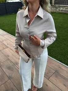 Jeta Ari 女士休闲百搭纯色收腰衬衫 - 杏色 - 查看 3