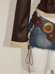 SHEIN ICON 女式仿皮毛内衬复古做旧棕色翻领皮夹克，秋冬款 - 棕色 - 查看 8