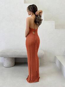 Jemour Crochet Spaghetti Strap Corset Panel Sexy Elegant Lace Up Back Maxi Dress For Summer Holiday Ibiza Fits Spring Vacation Beach Fall Night Out Autumn Winter Date Night - Orange - View 2