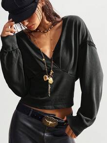 Bohemela Pull court à col V manches longues couleur unie style bohème décontracté pour femmes, automne/hiver