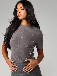 MISSGUIDED 优雅针织水晶泪珠装饰短袖上衣冬季节日派对俱乐部晚装 - 深灰色 - 查看 5