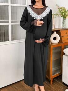 Moonlight & Mama Women's Casual Contrast Color Lace Sheer Mesh Patchwork Long Sleeve Maternity Nightgown, Winter