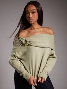 NYA SZN Top Long Sleeve Fold Over Metal Detail Loose Oversized Knit Knitwear Sweater Everyday Casual Modest Office Teacher Back To School Old Money Church Fall Winter Suitable For Commuting Thanksgiving Christmas NYE New Years Eve Outfits For Women