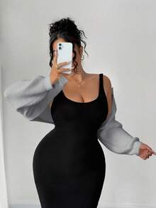 Elenzga Plus Size Short Fluffy Elegant & Sweet Thin Cardigan - Grey - View 3