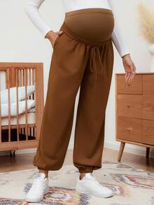 SHEIN Pantalones de chándal holgados de maternidad de unicolor con cordón ajustable en la cintura - Marrón - Ver 5