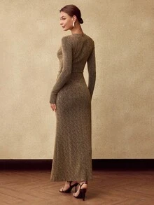 MOTF PREMIUM 女式长袖闪亮对比蕾丝斜裁中长连衣裙 - 黑色和金色 - 查看 3