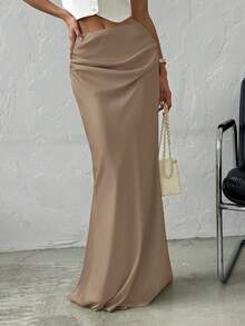 Firerie Váy maxi satin trơn màu đa năng, thanh lịch, lãng mạn, tối giản, dành cho nữ, màu mơ, thu/đông - Màu nâu  Mocha - Xem 2