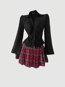 SHEIN MOD Women V-Neck Ruffle Flared Sleeve Blouse, Waist Cinched,Black Long Sleeve Shirt,Witchy Clothes,Button Down Blouse,Concert Women Outfit,Hippie Clothes,Pirate Top - Black - View 3